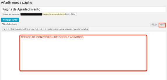 añadimos código de conversión de Adwords en página de agradecimiento
