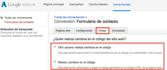 cambios en el código de conversión de adwords